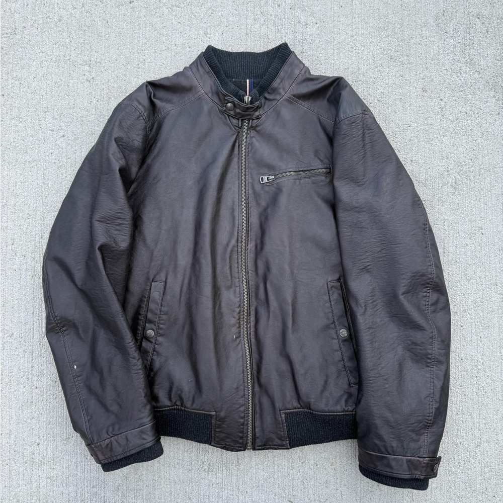 Levi’s Black Faux Leather Bomber Jacket Mens XL - Flannel Lined Moto Zip Coat